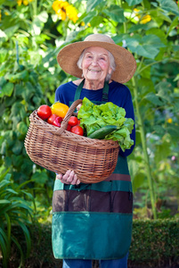 高级女人提着篮子的蔬菜在花园