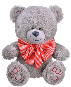 灰色毛茸茸的玩具熊，红色蝴蝶结