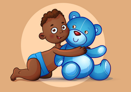 非洲裔美国男孩拥抱泰迪熊玩具在白色背景上.泰迪熊毛绒玩具.