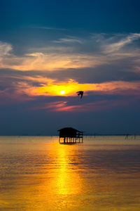 在湖的夕阳的天空