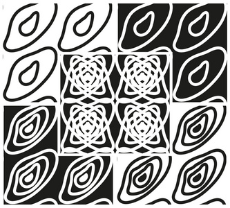 组与圆环的抽象无缝黑白模式。矢量 eps 10