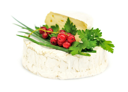 卡门培尔奶酪奶酪和红醋栗和白色衬底上的欧芹