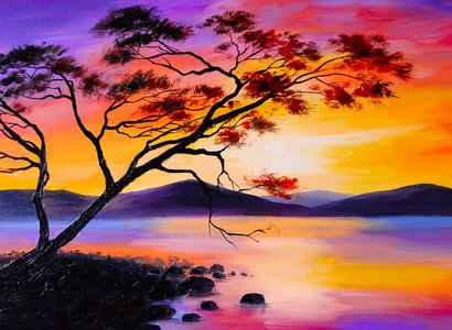 七彩的晚霞，湖 油画 水彩艺术