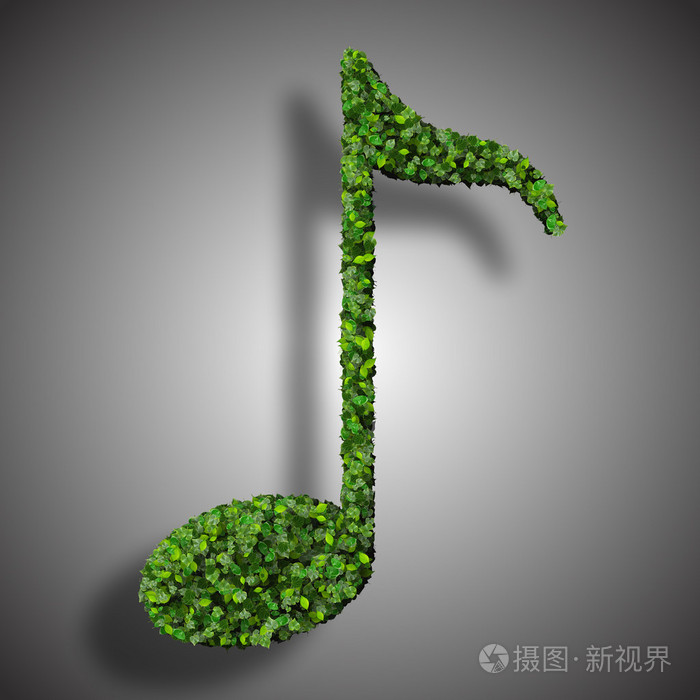 音符八个符号由孤立的白色背景上的绿色树叶制成.3d 渲染