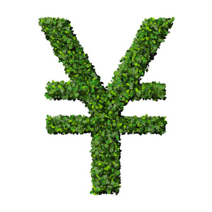 货币 日元符号或标志由孤立的白色背景上的绿色树叶制成。3d 渲染