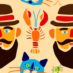 无缝模式。卡通甲虫 小龙虾 猫和留着胡子的男人。矢量图