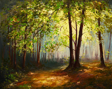 油画风景夏季森林 丰富多彩的抽象艺术