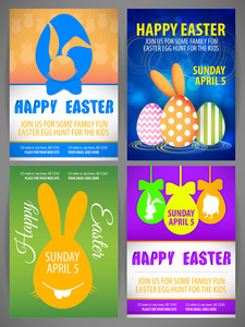 快乐复活节炫彩矢量插图海报模板集在轮廓上的兔子，大耳的兔蛋与牙齿 鸡和兔在蛋球中的剪影