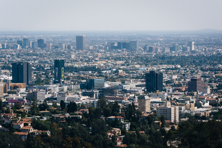 从好莱坞碗俯瞰洛杉矶天际线的视图