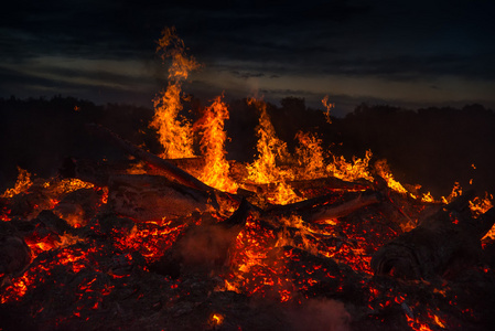 景观与篝火 晚上和热的火焰