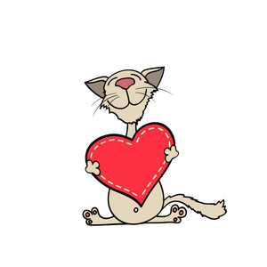 快乐的小猫抱着一颗红色的心
