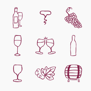 葡萄酒酿造图标，矢量图的设置。瓶，开瓶器，葡萄熟了，杯酒，葡萄叶，染色