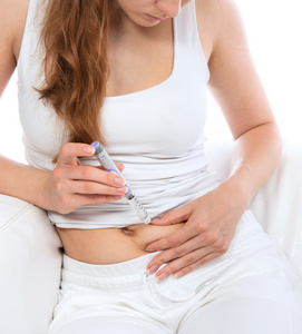 糖尿病病人使腹部医学胰岛素注射器笔 inj照片