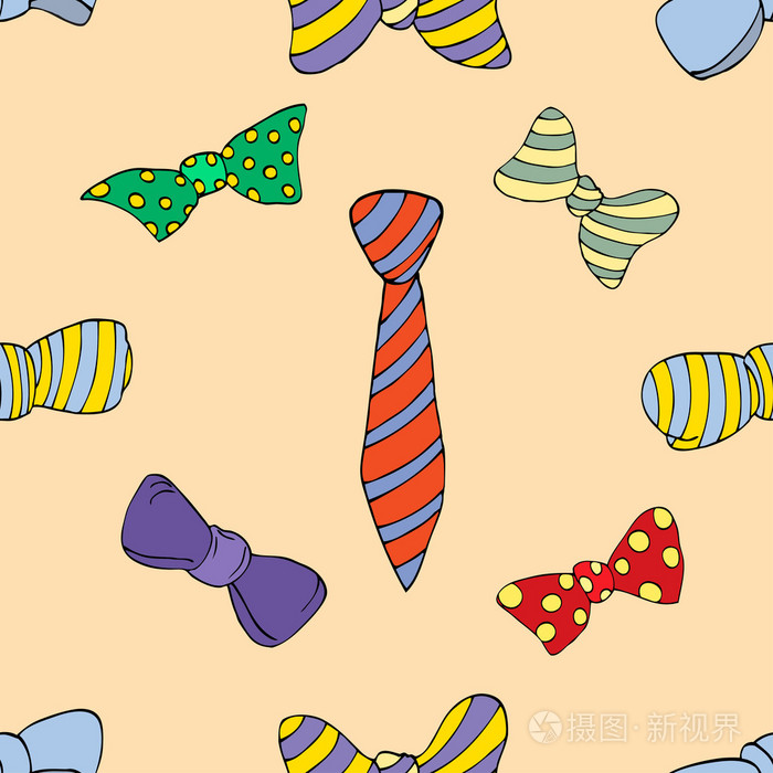 无缝矢量模式与涂鸦白色背景上的领结