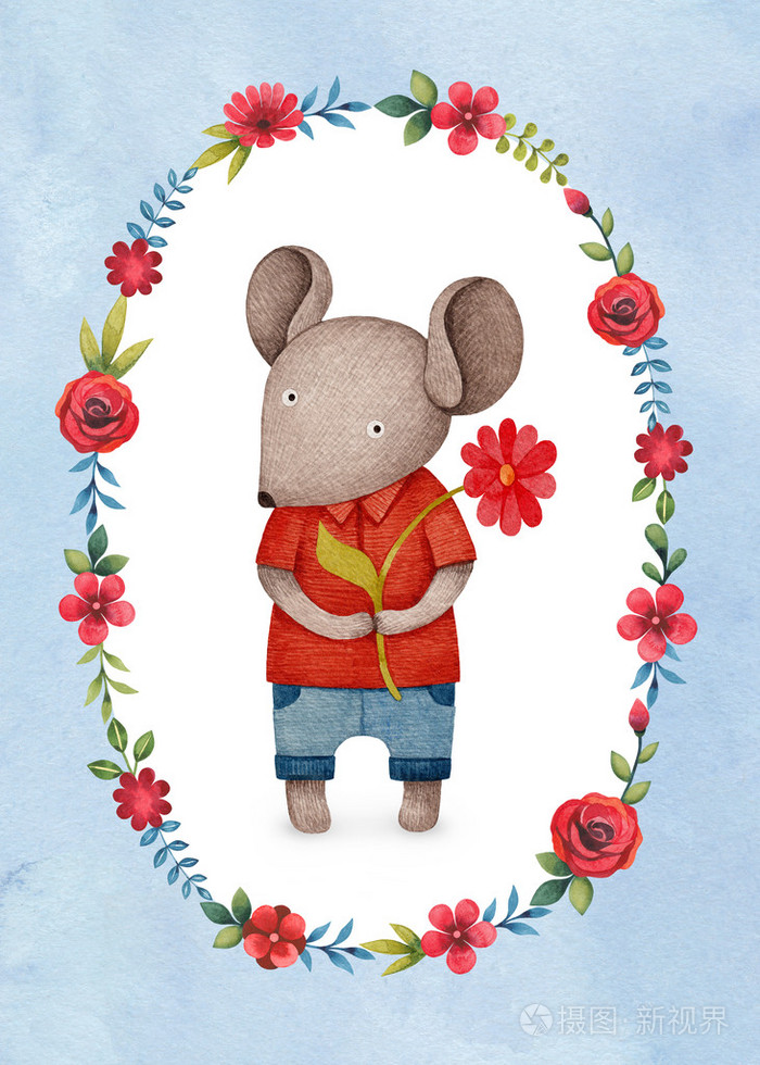 水彩插图的可爱的老鼠.完美的贺卡