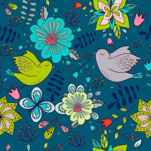 纹理花卉元素与鸟