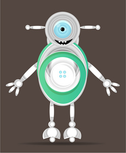 现代的银的 绿色的 孤立的微笑机器人，与一大，蓝眼，黑暗的背景