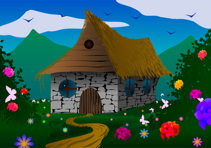 童话般的房子,蝴蝶和鲜花的草地上照片