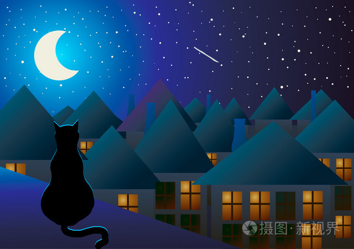 猫坐在屋顶在夜间和月亮看市