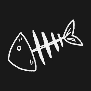 嘟嘟鱼骨头扁线单色矢量无缝花纹海洋鱼骨, 骨架.简化复古.