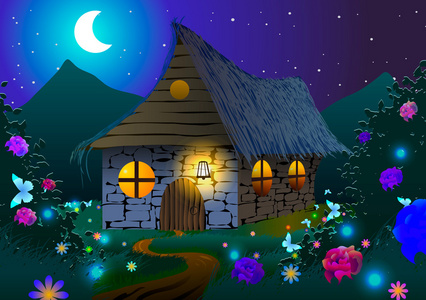 在一个草甸与花朵和蝴蝶在晚上童话房子照片