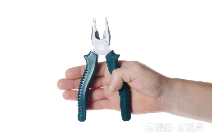在一个人的手上白色孤立的钳子