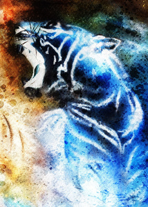 绘画的抽象老虎拼贴在颜色空间的背景下，野生动物