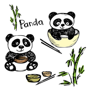 可爱的熊猫吃竹子,筷子,手绘图照片