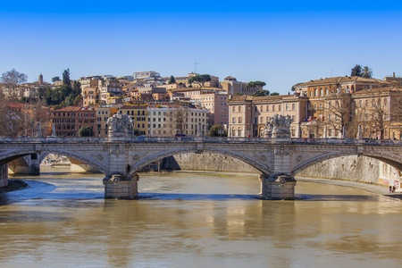 罗马，意大利，在 2015 年 3 月 6 日。一个视图的台伯河和桥穿过那条河大堤