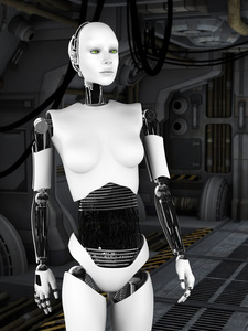 机器人在 sci fi 走廊的女人
