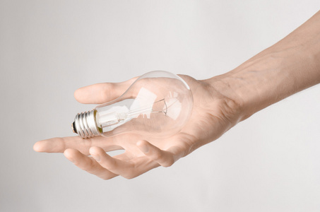 能源消费和节能主题 人类的手一个灯泡在工作室中的白色背景上
