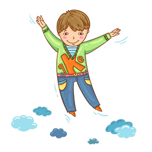 在彩色背景上的快乐男孩.手绘.跳跃的孩子.快乐的情绪.卡通风格照片