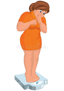 卡通年轻胖女人光着脚看着橙色连衣裙