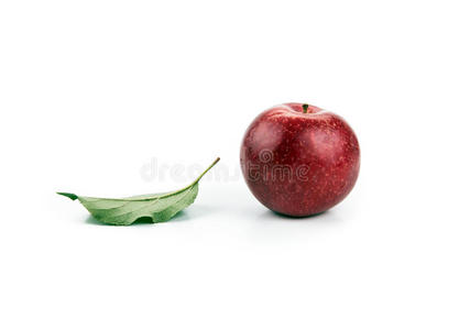 一个红苹果和一片叶子