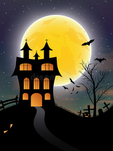 万圣节背景与城堡，蝙蝠和月亮
