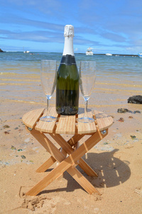 两杯香槟和一瓶在天堂岛