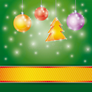 庆祝用丝带圣诞树和球作为背景。矢量