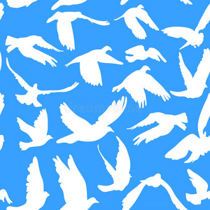 鸽子和鸽子在蓝色背景上的无缝图案和平概念和婚礼设计。