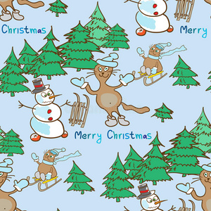 与雪人和猫的圣诞主题无缝图案
