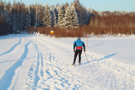 回 nonpro 滑雪者在冬季晴朗骑在森林附近的轨道上