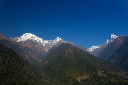 视图在一整天喜马拉雅山脉尼泊尔安纳布尔纳南