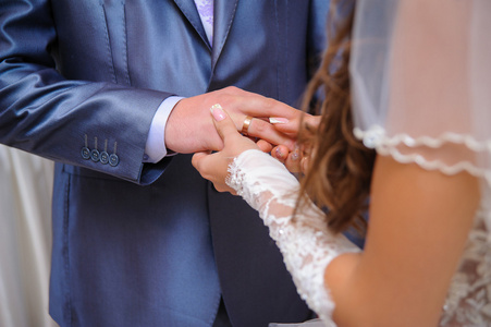 新娘新郎的手指上放一枚结婚戒指