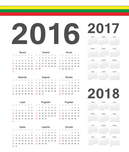 组的立陶宛到 2016 年，到 2017 年，2018 年矢量日历