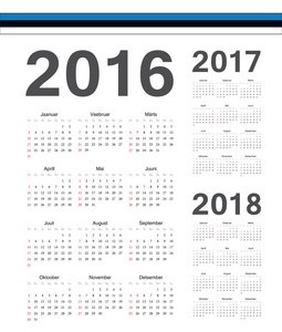 组的爱沙尼亚语到 2016 年，到 2017 年，2018 年矢量日历