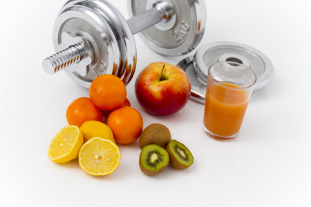 健身器材和健康的食物，苹果 桃 猕猴桃 lem