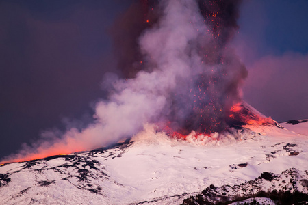 埃特纳火山喷发，熔岩流