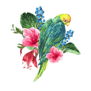 蓝色的浆果，粉红色的热带花朵和绿鹦鹉水彩异国复古卡