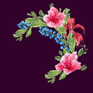 用蓝莓 粉红色的热带花卉和树叶的老式请柬