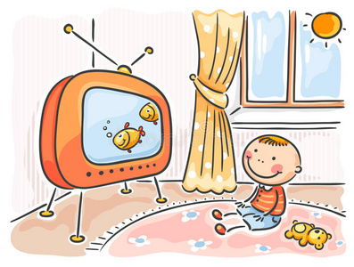 孩子在他的房间里看电视照片