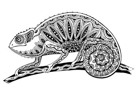 黑色和白色的变色龙蜥蜴纹身风格中的图片照片